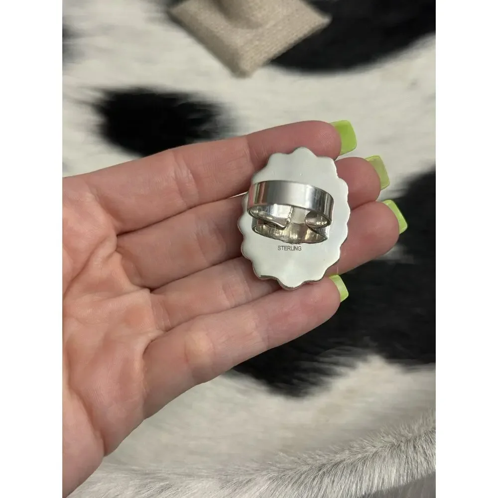Native American Sterling Silver Mother Pearl Red Coral Multistone Cluster Ring